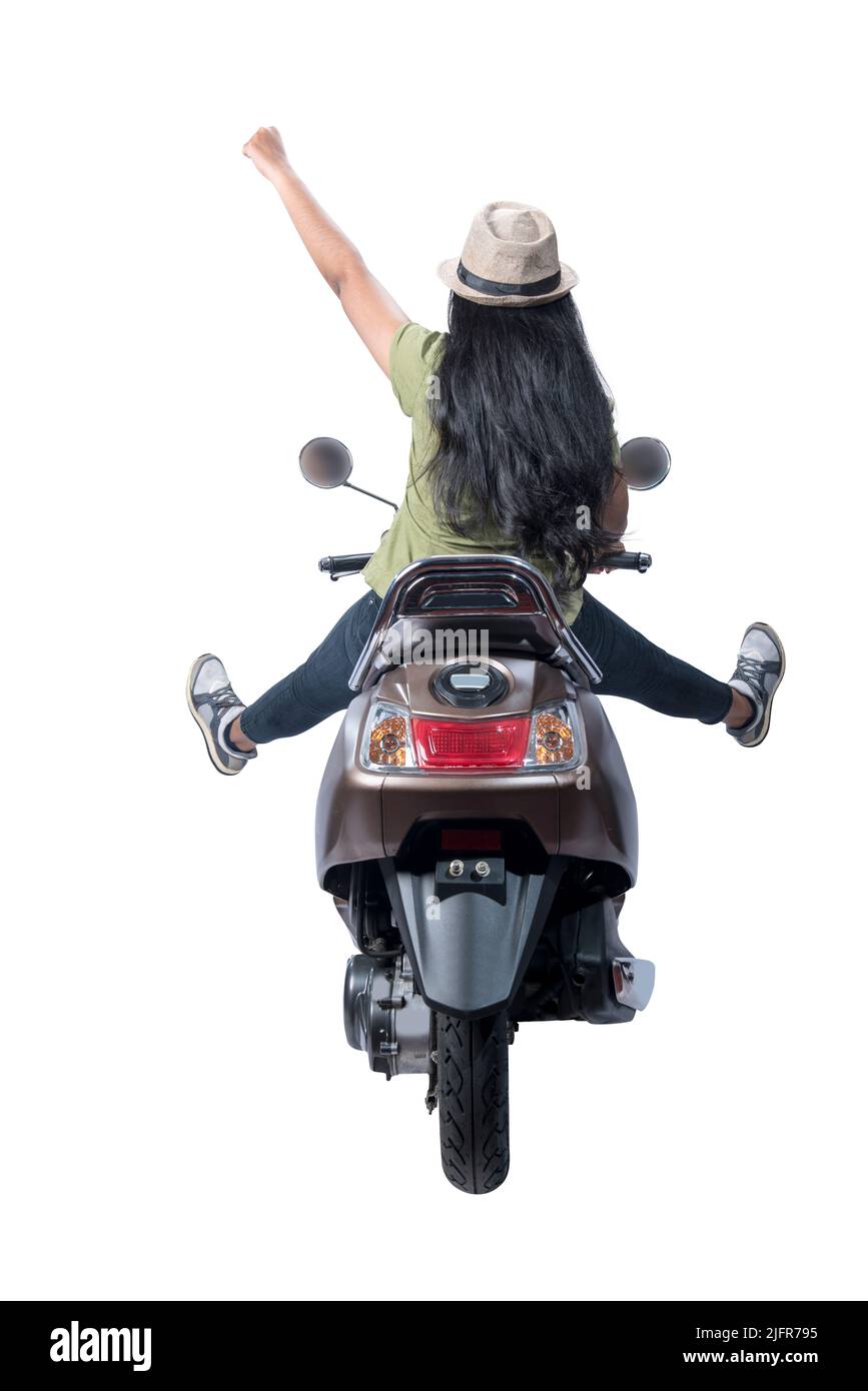 Rear view of Asian woman with a hat sitting on a scooter isolated over white background Stock Photo