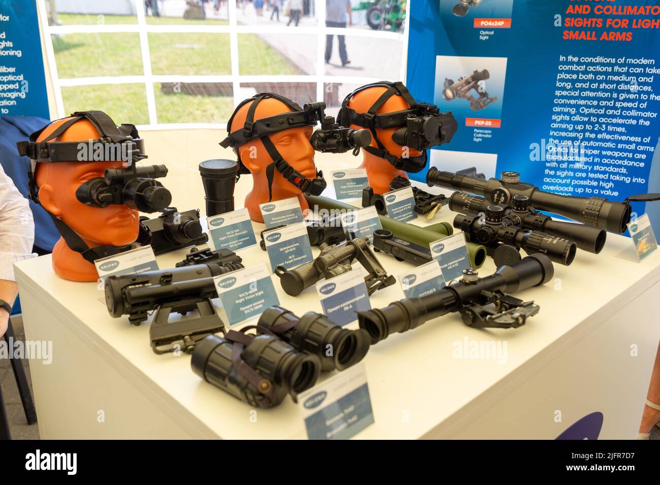 Grodno, Belarus - June 30, 2022: Zenit-BelOMO Joint Stock Company presents optical sights and night vision goggles at the exhibition dedicated to the Stock Photo