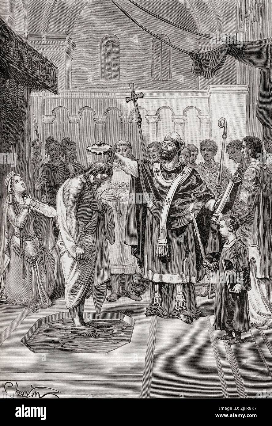 During the baptism of the Frankish leader Clovis I into the Catholic faith, Remiger, bishop of Rheims referred to him as a Sicamber saying, 'Bend your head, Sicamber. Honour what you have burnt. Burn what you have honoured'.  Clovis, c. 466 – 511.  First king of the Franks to unite all of the Frankish tribes under one ruler.  From Histoire de France, published 1855. Stock Photo