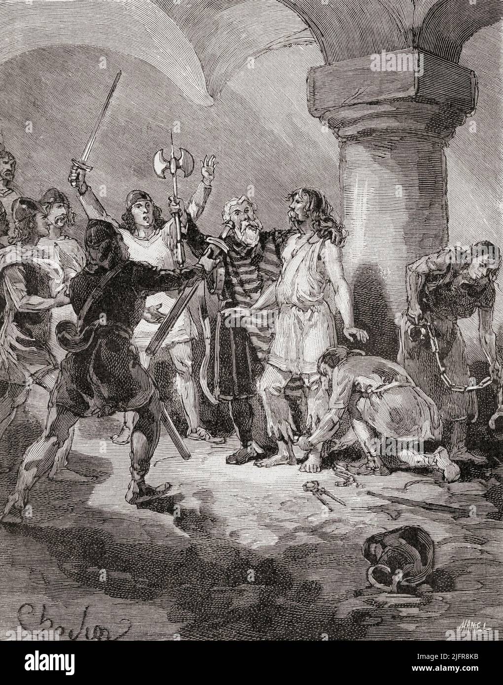 Charles Martel imprisoned on the orders of Plectrude to prevent an uprising on his behalf in Austrasia. Charles Martel, c. 688 –741, illegitimate son of Pepin of Herstal.  Frankish political and military leader who, as Duke and Prince of the Franks and Mayor of the Palace, was the de facto ruler of Francia.  From Histoire de France, published 1855. Stock Photo