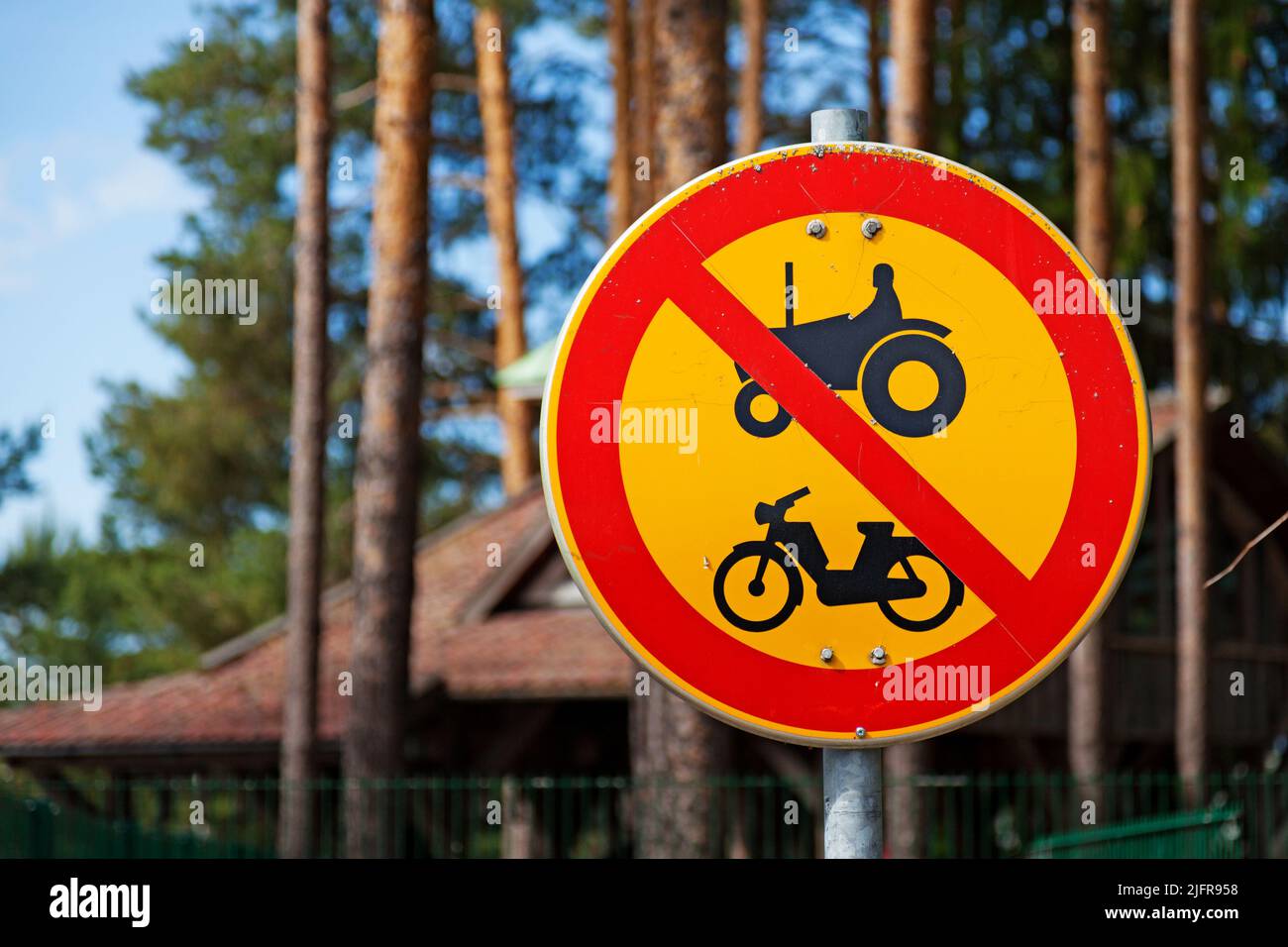 road sign showing that tractors and motorcycles are banned Stock Photo