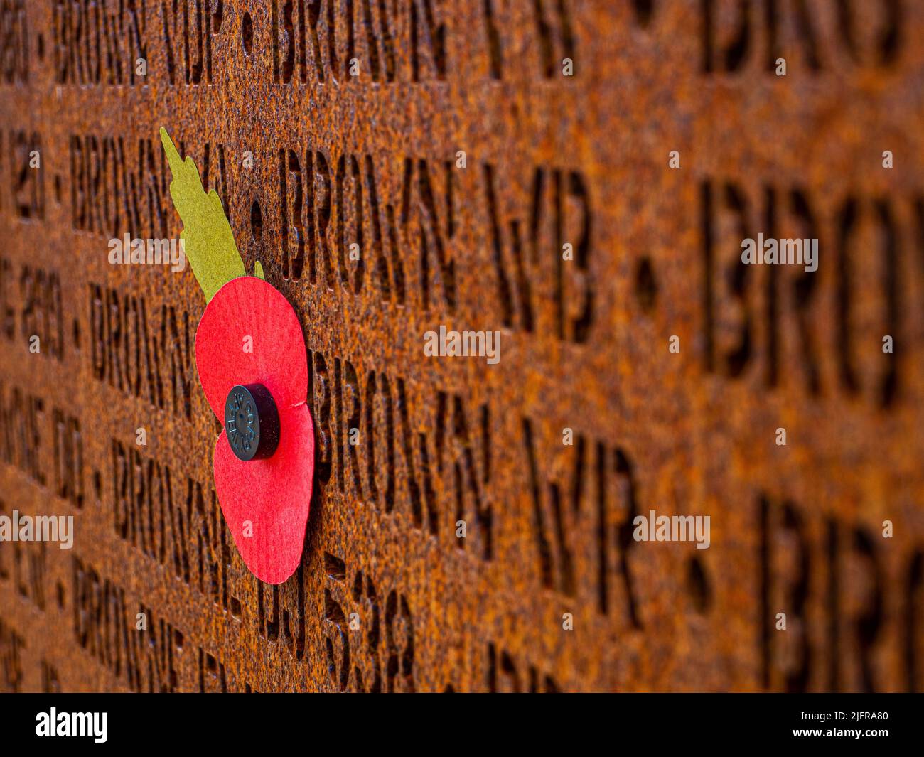 Poppy on the memorial to the 57,000 men who lost their lives during WW2 as part of bomber command. Stock Photo