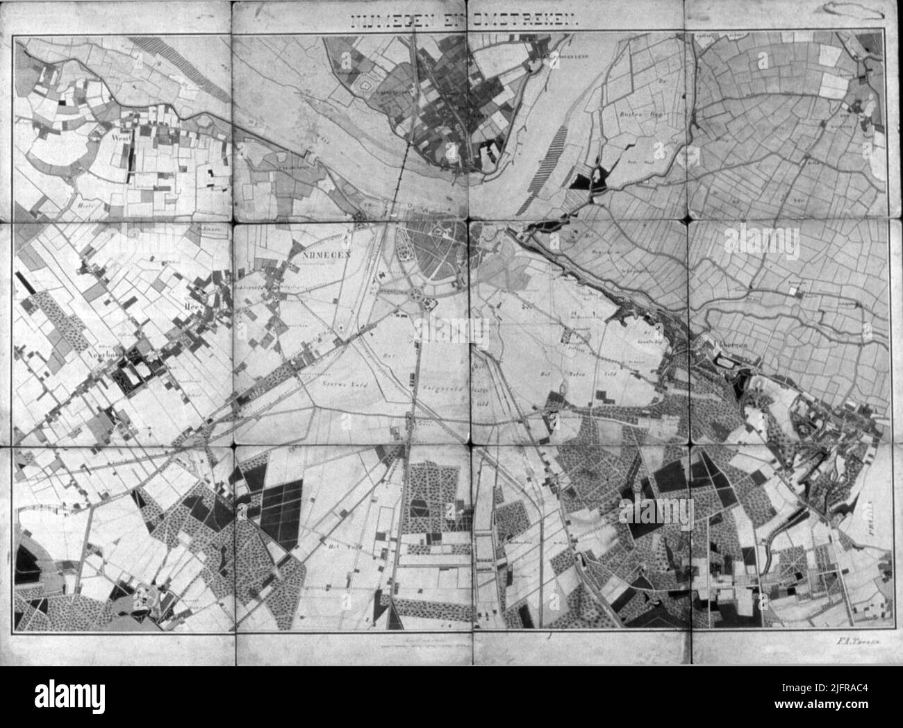 A map of Nijmegen and the surrounding area, signed by F.A. Show. Stock Photo