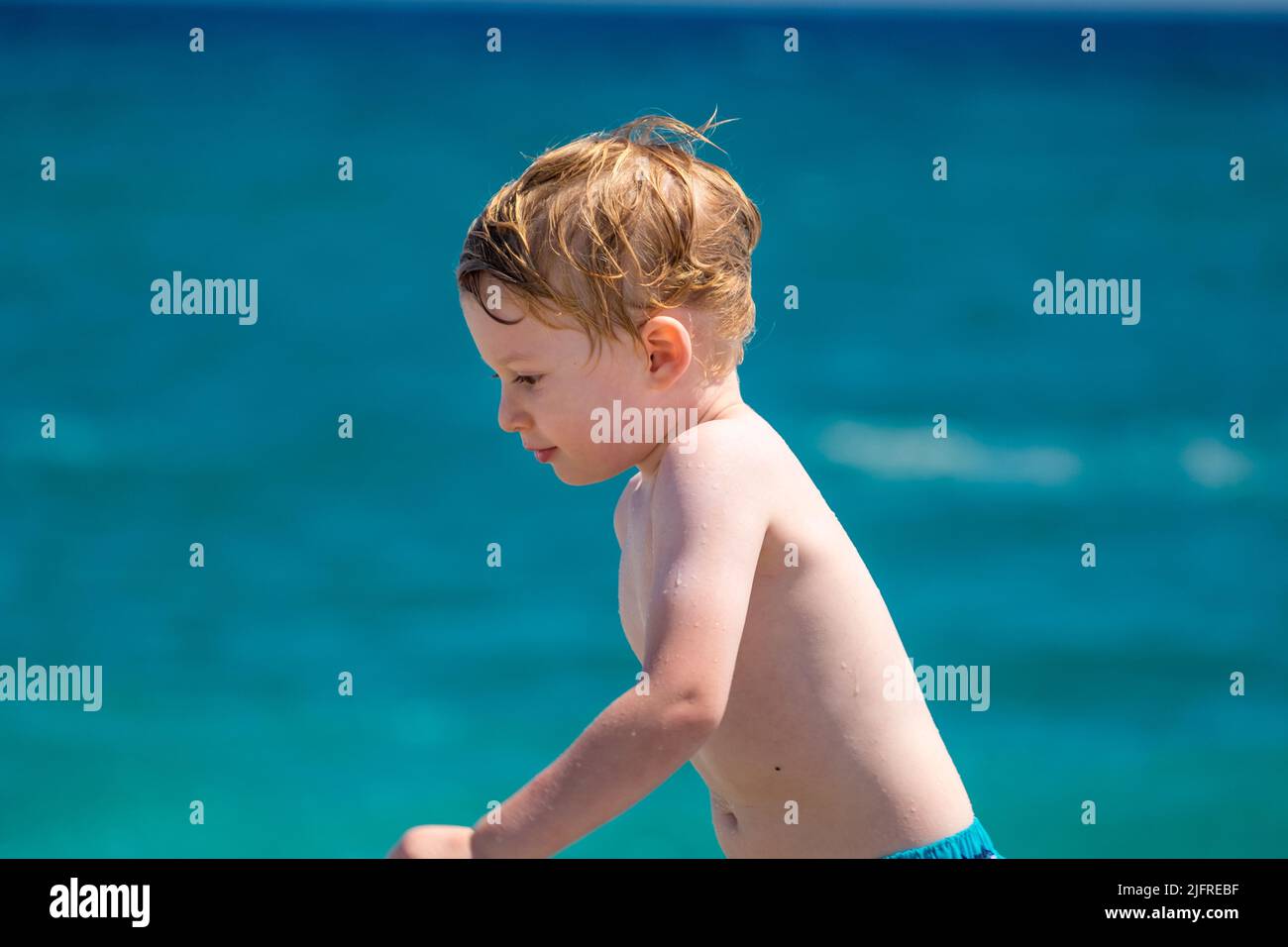 Cute little boy playing in the beach Stock Photo