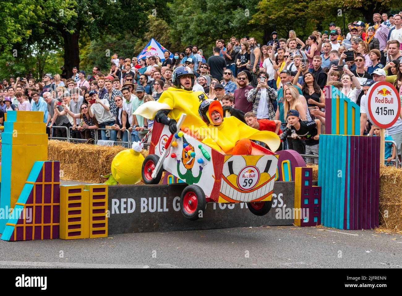 The Rookie Duckies kart taking the final jump at the Red Bull Soapbox race 2022 at Alexandra Palace in London, UK. Stock Photo