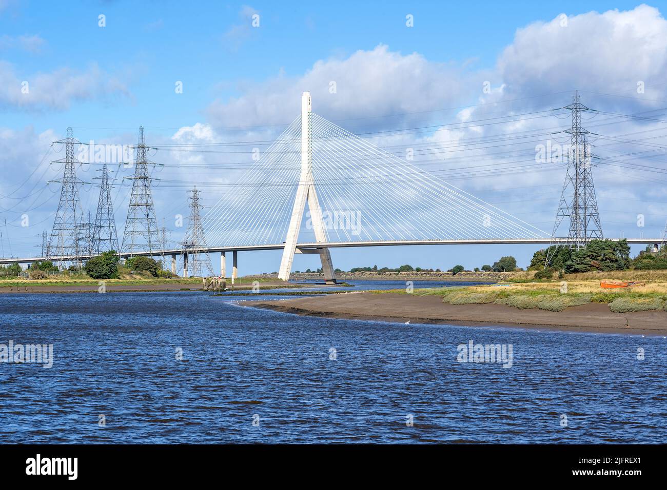 Flintshire Bridge over the River Dee and electricity pylons near Connah's Quay Flint North Wales UK October 2021 Stock Photo