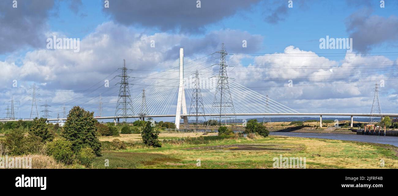 Flintshire Bridge over the River Dee and  marshes and showing electricity pylons near Connah's Quay North Wales UK October 2021 838889 Stock Photo