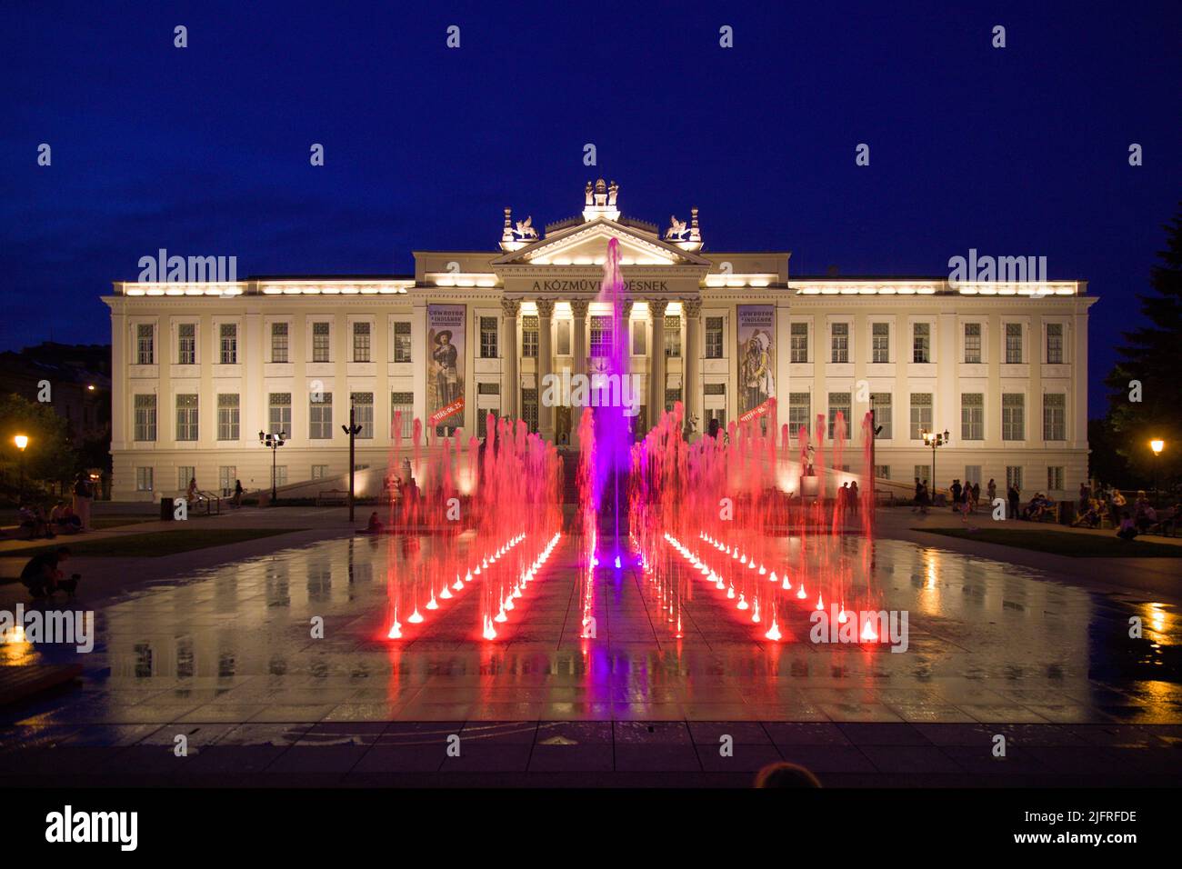 Hungary, Szeged, Ferenc Móra Museum, fountain, night Stock Photo