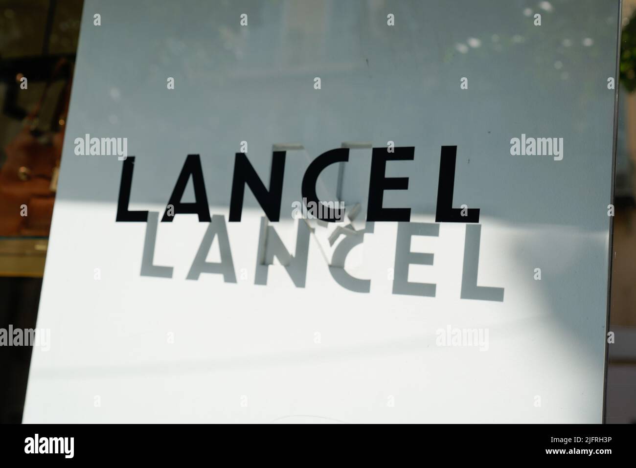 Cannes , paca  France - 06 15 2022 : Lancel logo store text and brand sign on windows facade shop entrance in boutique street Stock Photo