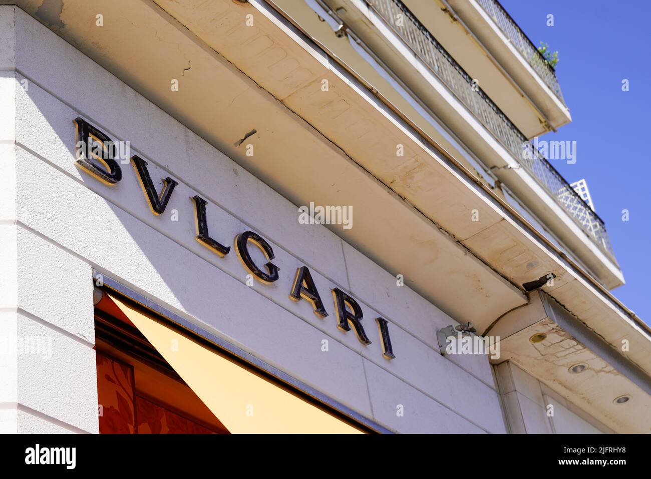 Cannes , paca  France - 06 15 2022 : Bvlgari text brand and logo sign wall entrance facade Italian luxury  store Stock Photo