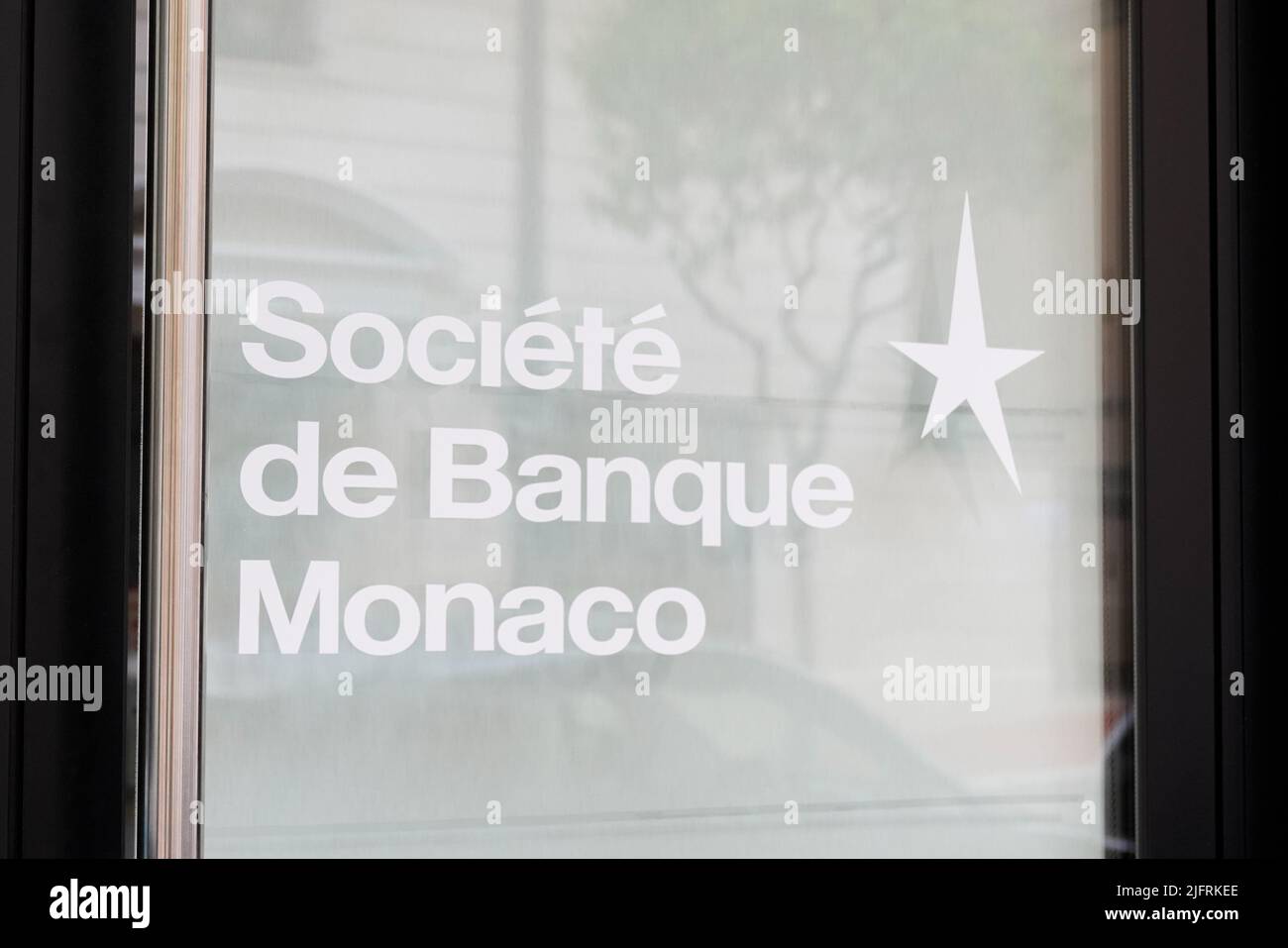 Monaco City, Monaco France - 06 05 2022 : societe de banque Monaco sign brand and text logo of main office and atm French bank agency Stock Photo