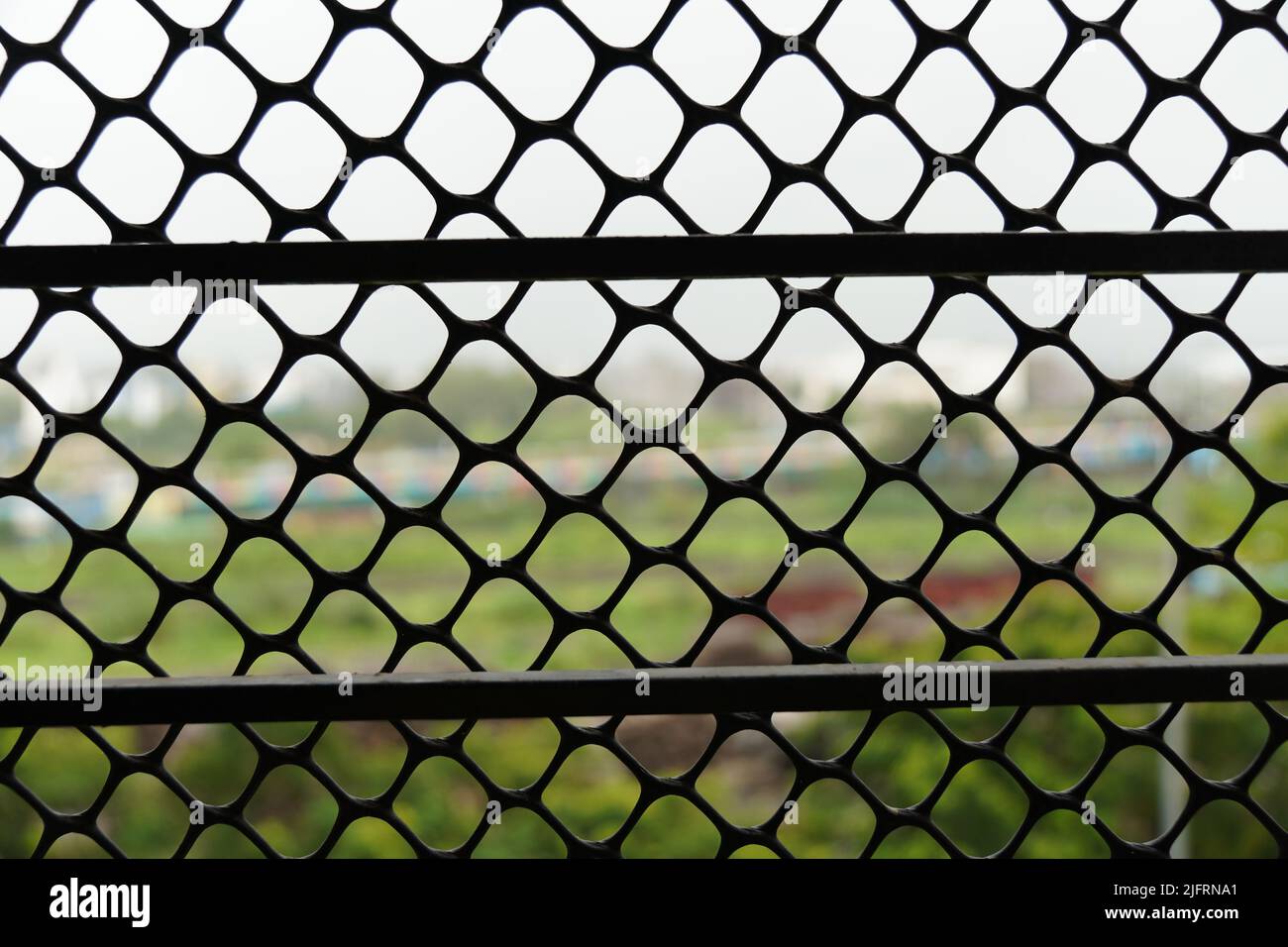 A closeup of a grid fence against the blurry background Stock Photo - Alamy