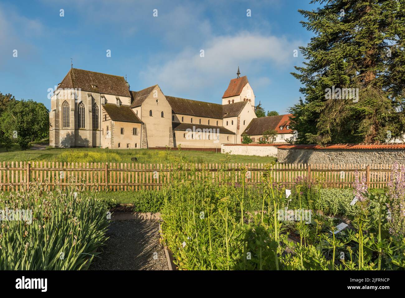 Minster of St. Maria and Markus and cloister garden, Reichenau Abbey, Reichenau Island, Lake Constance, Baden-Wuerttemberg, Germany Stock Photo