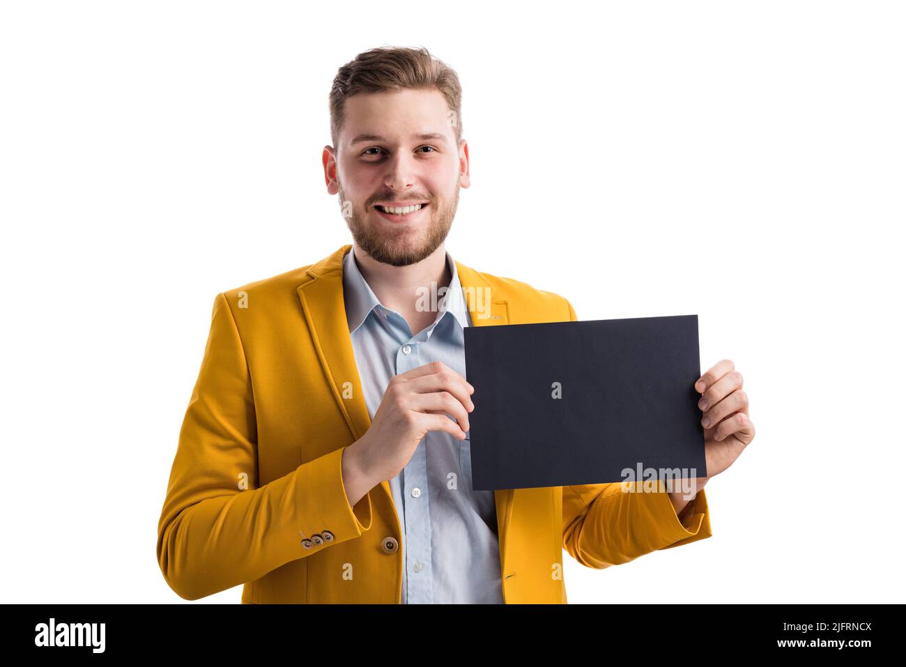 Positive male holding blank black card Stock Photo