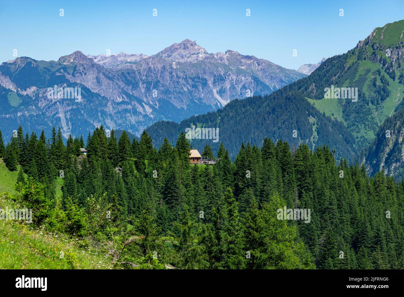 hölzerne Hütte am Waldrand im Brandnertal, mit toller Aussicht auf dem Berg gelegen. steile steinige Berge im Hintergrund. Alpen in Vorarlberg, Austri Stock Photo