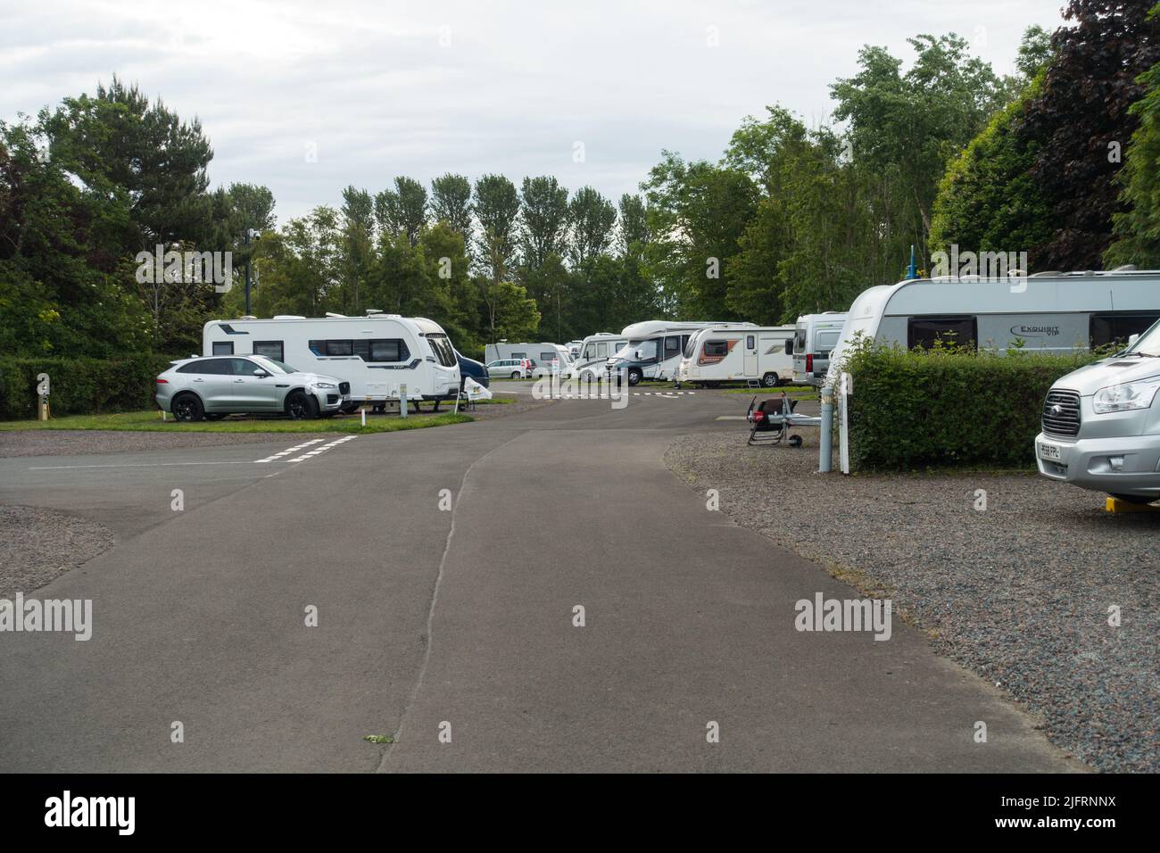 Caravans and Camper vans parked up at an Edinburgh Camp site, Edinburgh, Scotland, UK. Stock Photo