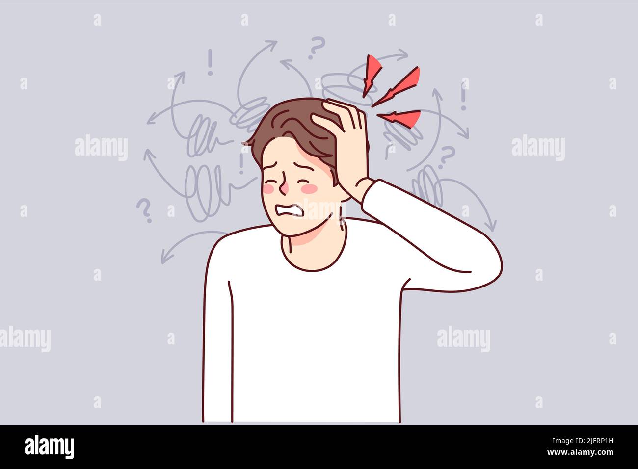 Unhealthy man suffer from headache or migraine. Unwell guy struggle with dizziness or blurry vision. Health problems. Vector illustration.  Stock Vector