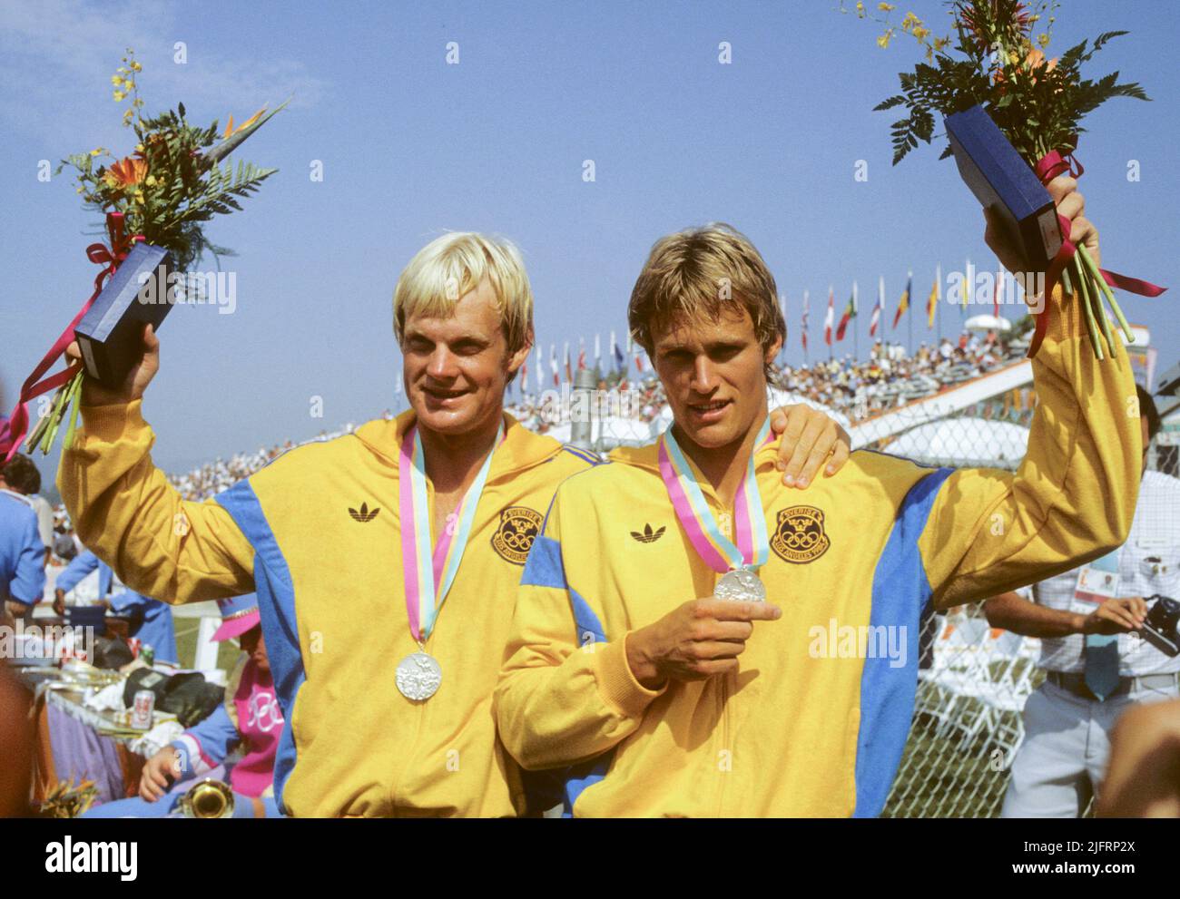 OLYMPIC SUMMER GAMES LOS ANGELES 1984 Lars-Erik Moberg and Per-Inge Bengtsson Sweden canoe K2 500m silver medalist Stock Photo