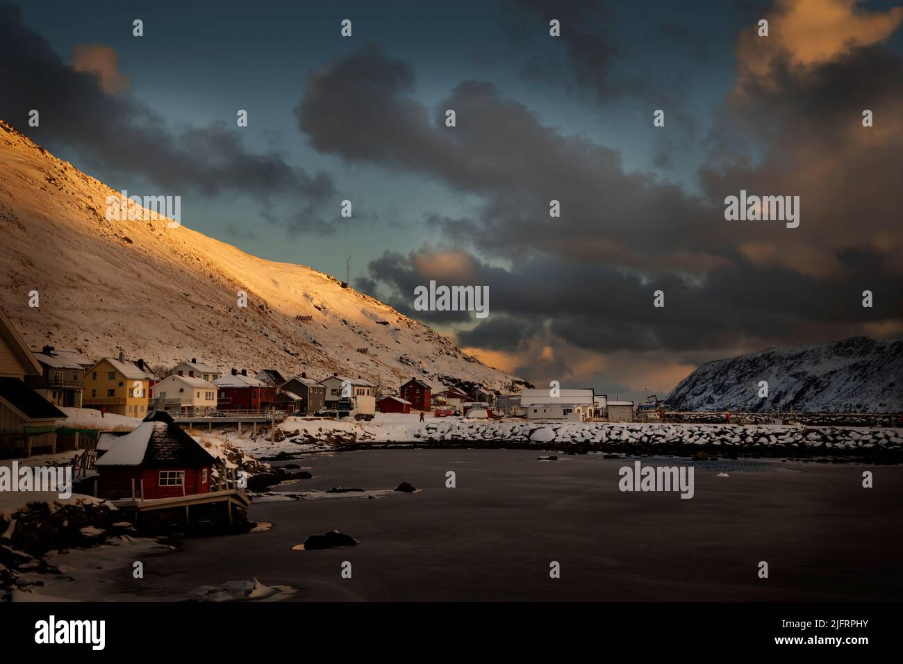 Skarsvag, Skarsvåg, in snow, Mageroy Island (Magerøya), Norway – the most northerly fishing village on the mainland Stock Photo