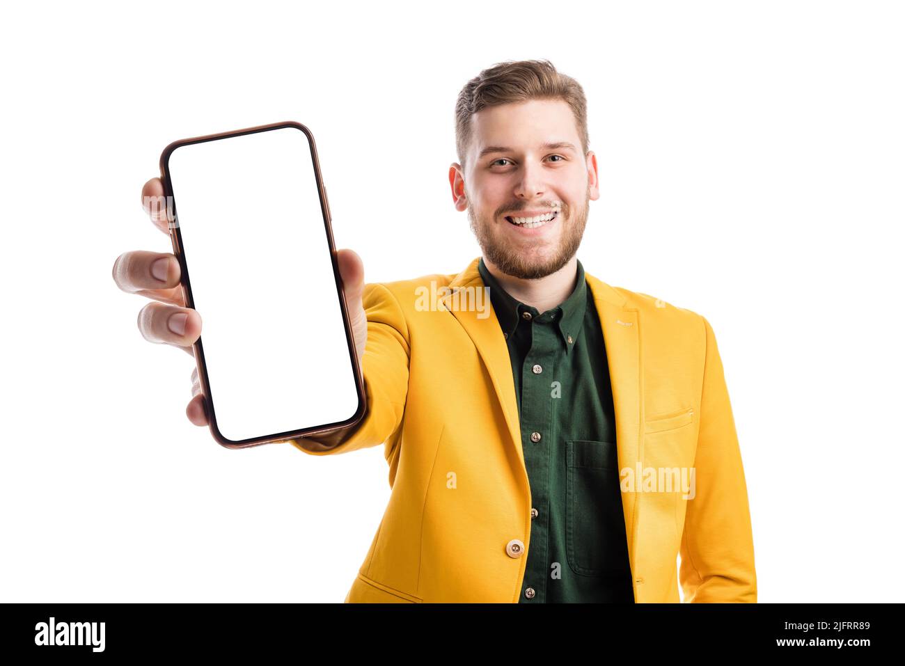 Man showing smartphone with empty screen Stock Photo