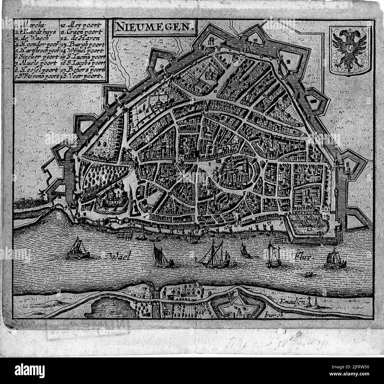 Nijmegen scale [approx. 1: 12,000] This map was published in various editions namely: [Janssonius JR, 1652 (Latin)], [Brouwer, 1652, Caert and City Book v. Ned], [van Meurs, 1660 (Latin)],, [Van Meurs, 1660 (Dutch) Literature: Henk Deys et al .: Guicciardini Illustratus, Description of the Netherlands, page 313.Augusteijn, Historical floor plans of Dutch cities of Gelderland 8.2 The cities of the Rivierengebied, page 98 Stock Photo