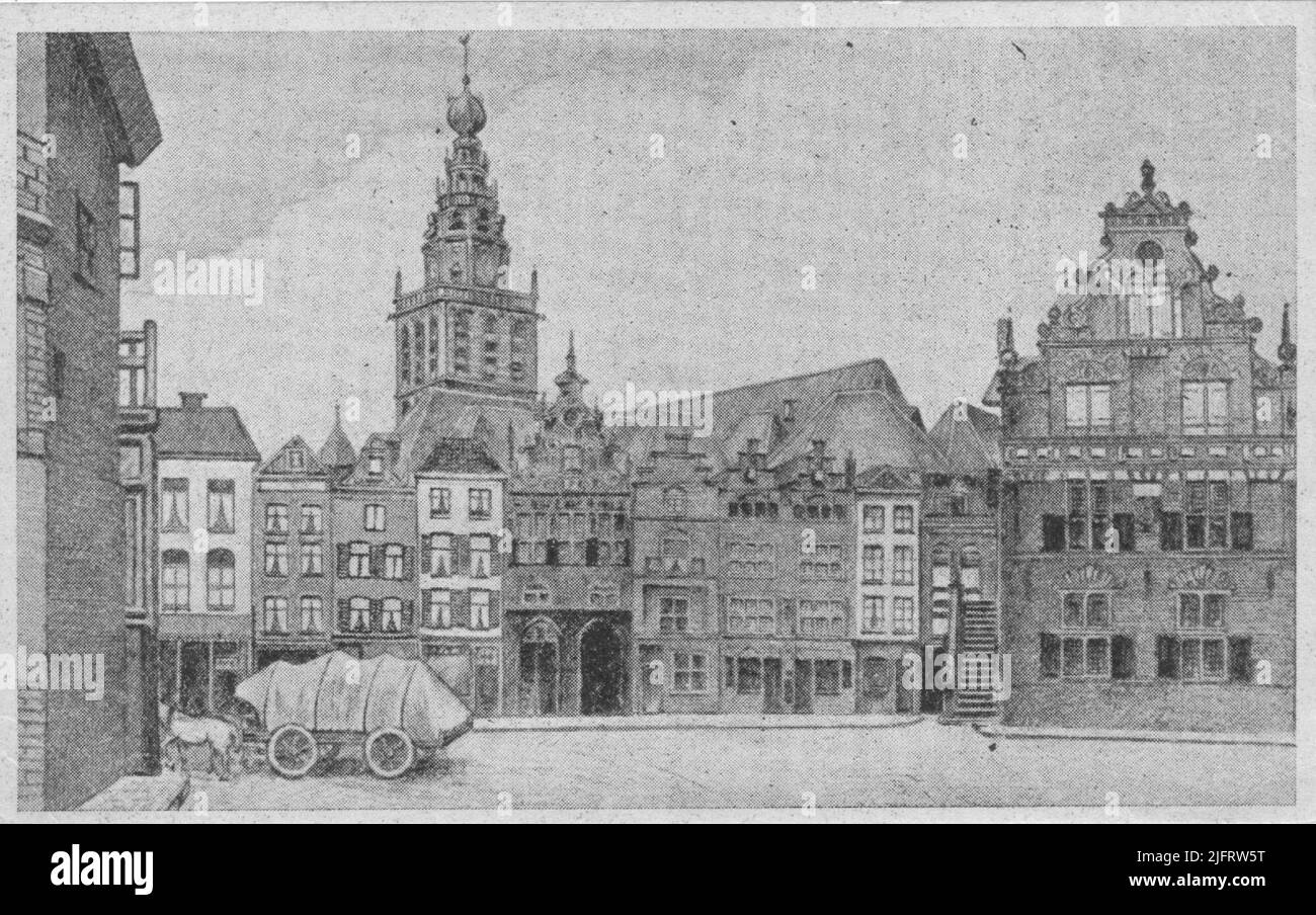 The Grote Markt with the right -hand side of the Waaggebouw on the right. Left from the middle the st. Stevenstoren, to the right of the Kerkboog and there again to the right of the more than 50 meter long Laeckenhal. It is a postcard and is probably a charcoal drawing. Stock Photo