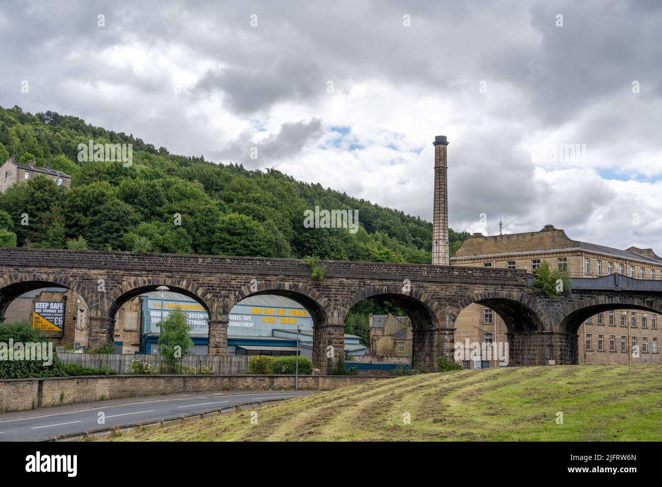Dramatic view of Halifax, UK, showing heritage - railway viaduct or 