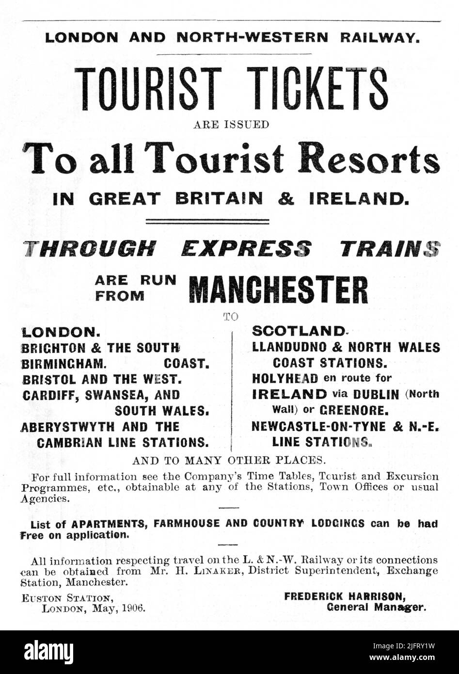 A 1906 advertisement promoting London and North-western Railway’s Tourist Tickets. “Issued to all Tourist Resorts in Great Britain & Ireland”. “Through Express Trains are run from Manchester to London, Scotland, Brighton & South Coast, Birmingham, Bristol, Cardiff...etc”. Stock Photo