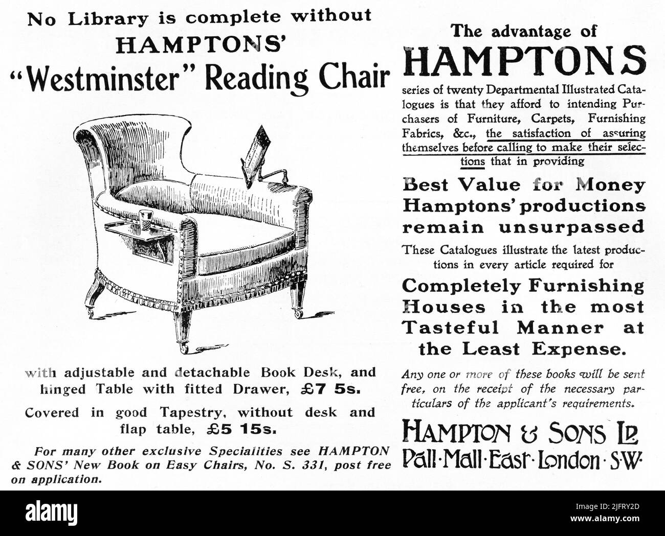 A 1903 advertisement by Hampton & Sons Ltd., Pall Mall East, London. S.W.  promoting their ‘Westminster’ reading chair. “Completely furnishing houses in the most tasteful manner at the least expense”. Stock Photo