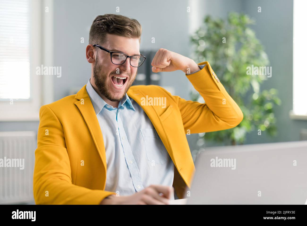 Successful employer looking at laptop screen Stock Photo