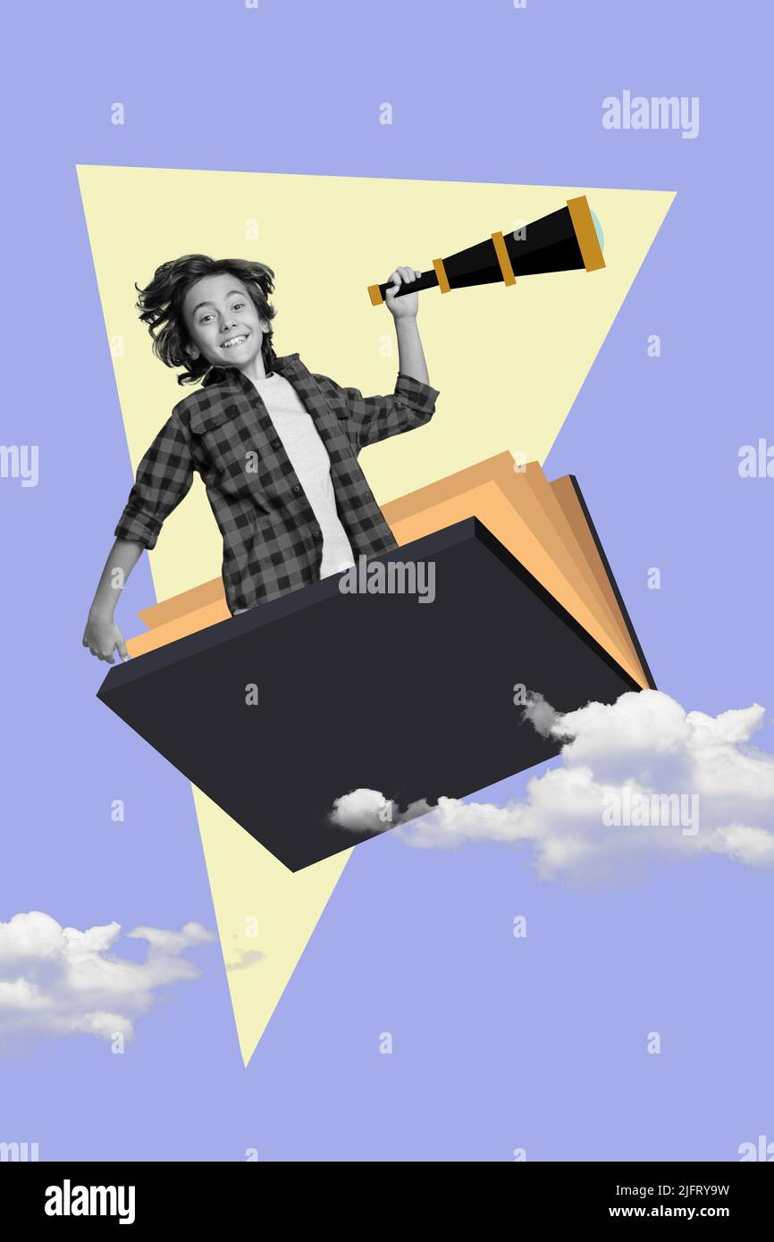 Graphics poster collage of school child trip in book look telescope