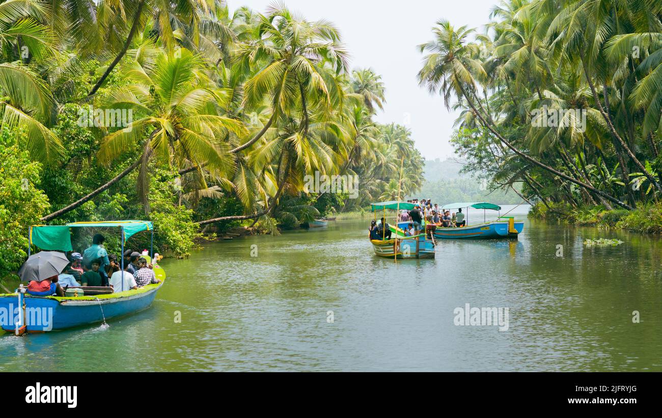 Sharavati river, Karnataka, India - April 03,2022: Stunning view of tourists boating in sharavati backwaters in Honnavar.Palm trees covering the river Stock Photo