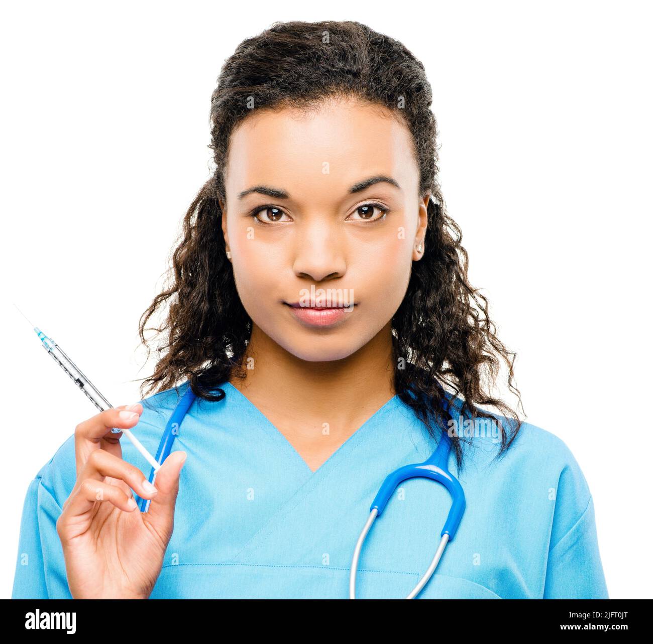 This wont hurt one bit. Shot of a young female doctor ready to inject a patient against a studio background. Stock Photo