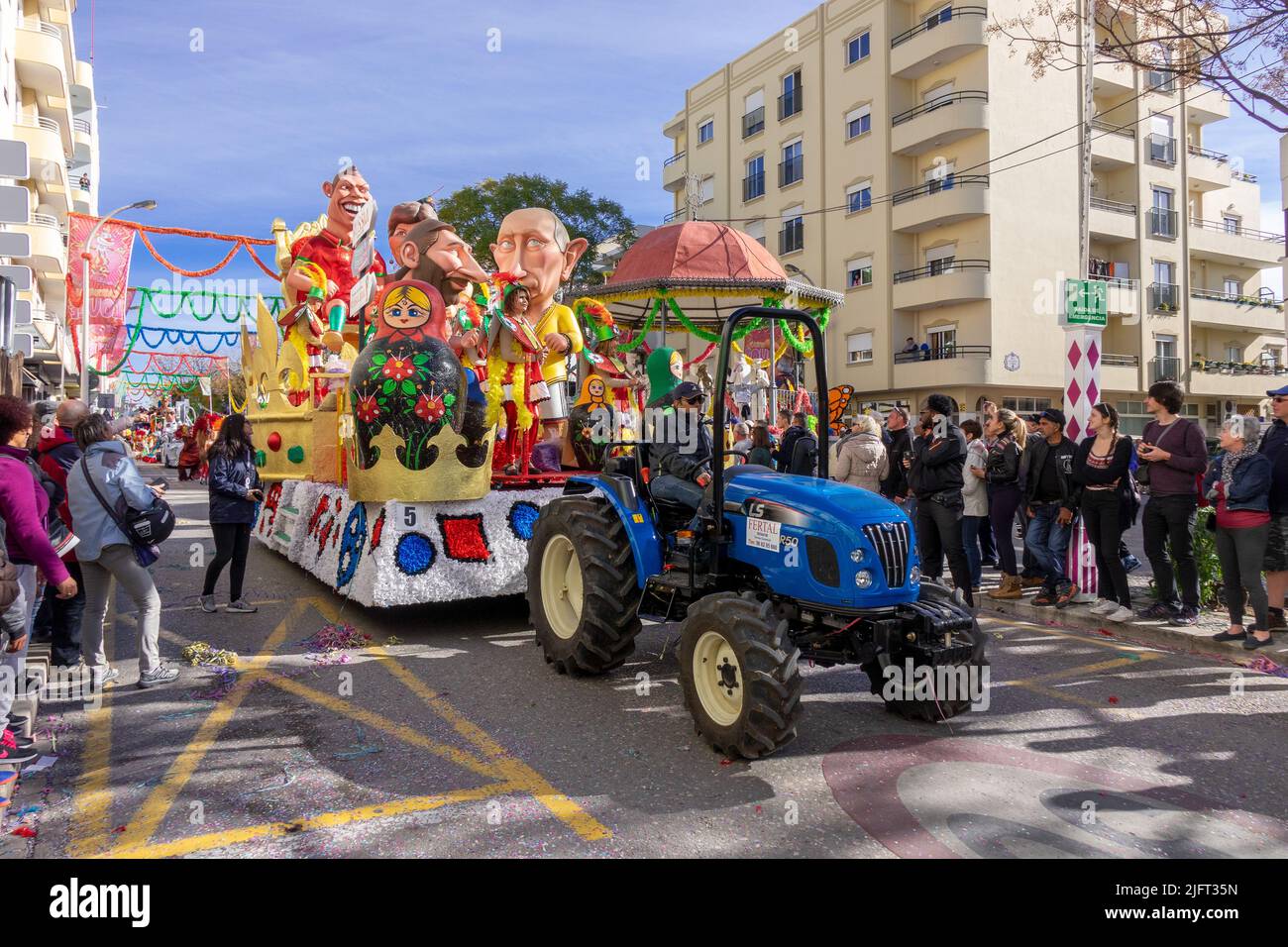FEBRUARY 12, 2018, LOULE, PORTUGAL: Carnaval Float with 2018 World Cup In Russia With Cristiano Ronaldo Portugal Football Team Stock Photo