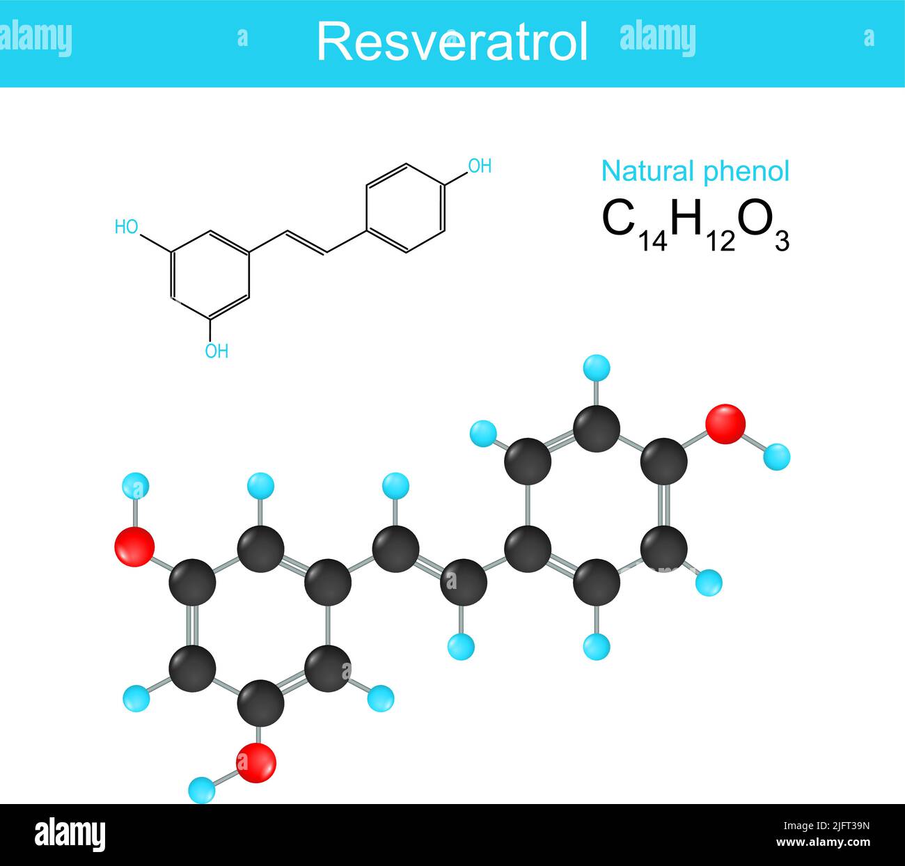 Resveratrol. Structural chemical formula of Resveratrol. Skeletal formula of a natural phenol. stilbenoid that improves lifespan. Vector illustration Stock Vector