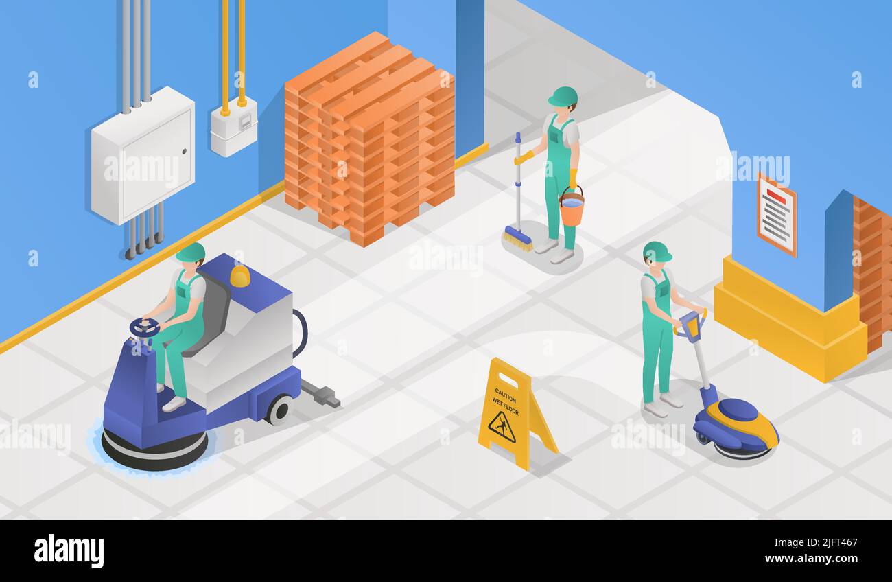 Isometric colored professional cleaning service composition cleaners ...