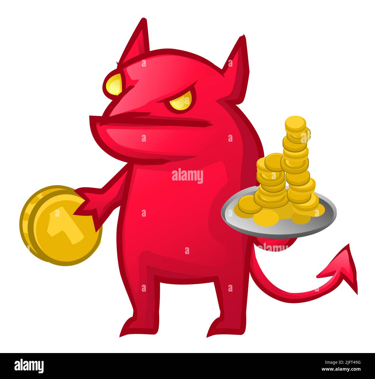 Devil cartoon red figure with gold coins color vector illustration, horizontal, over white, isolated Stock Vector