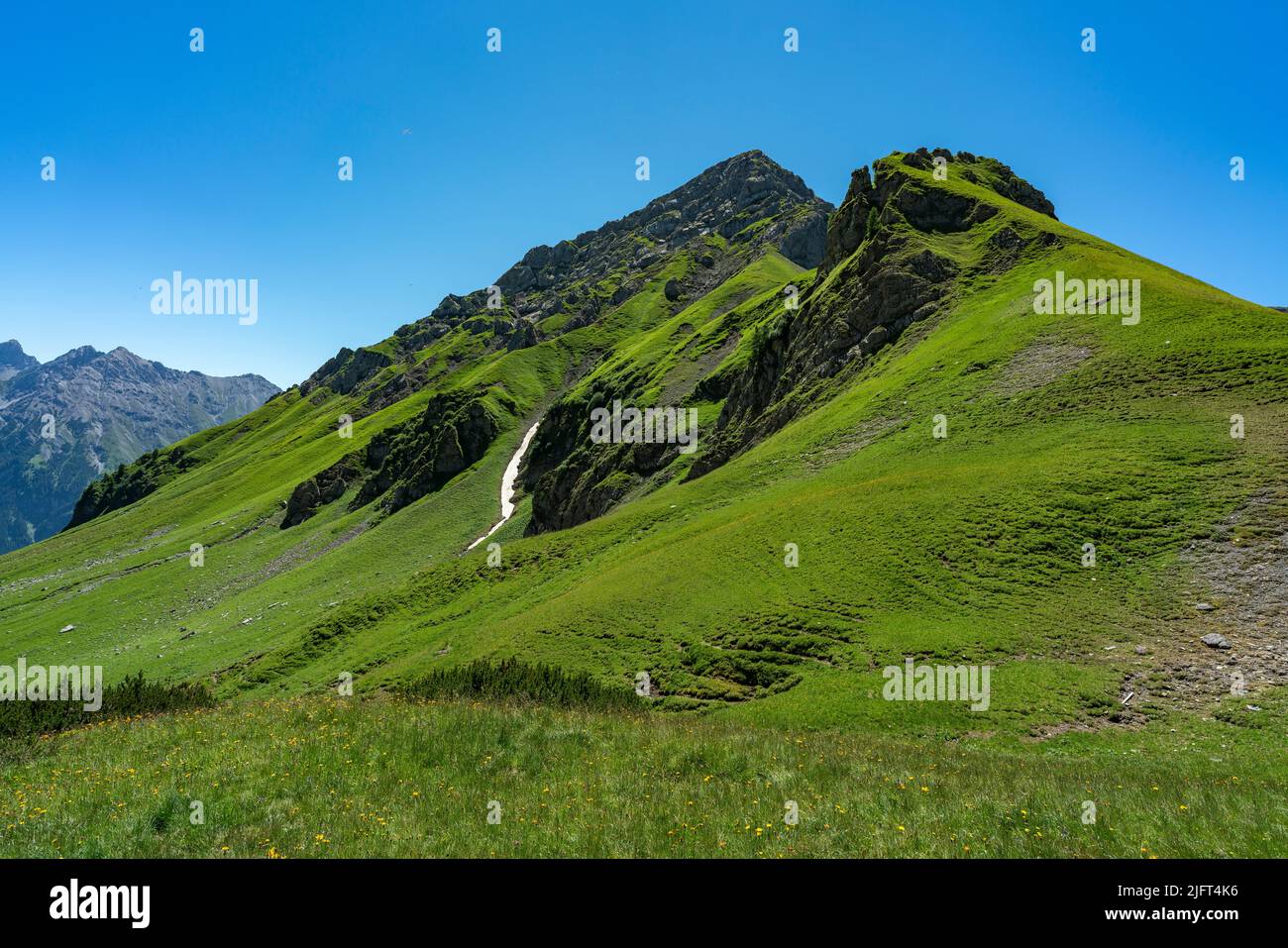 Panoramic view from Amatschonjoch to the valley of Brand with rocky mountains and a little snow field in the green alpine meadows Stock Photo