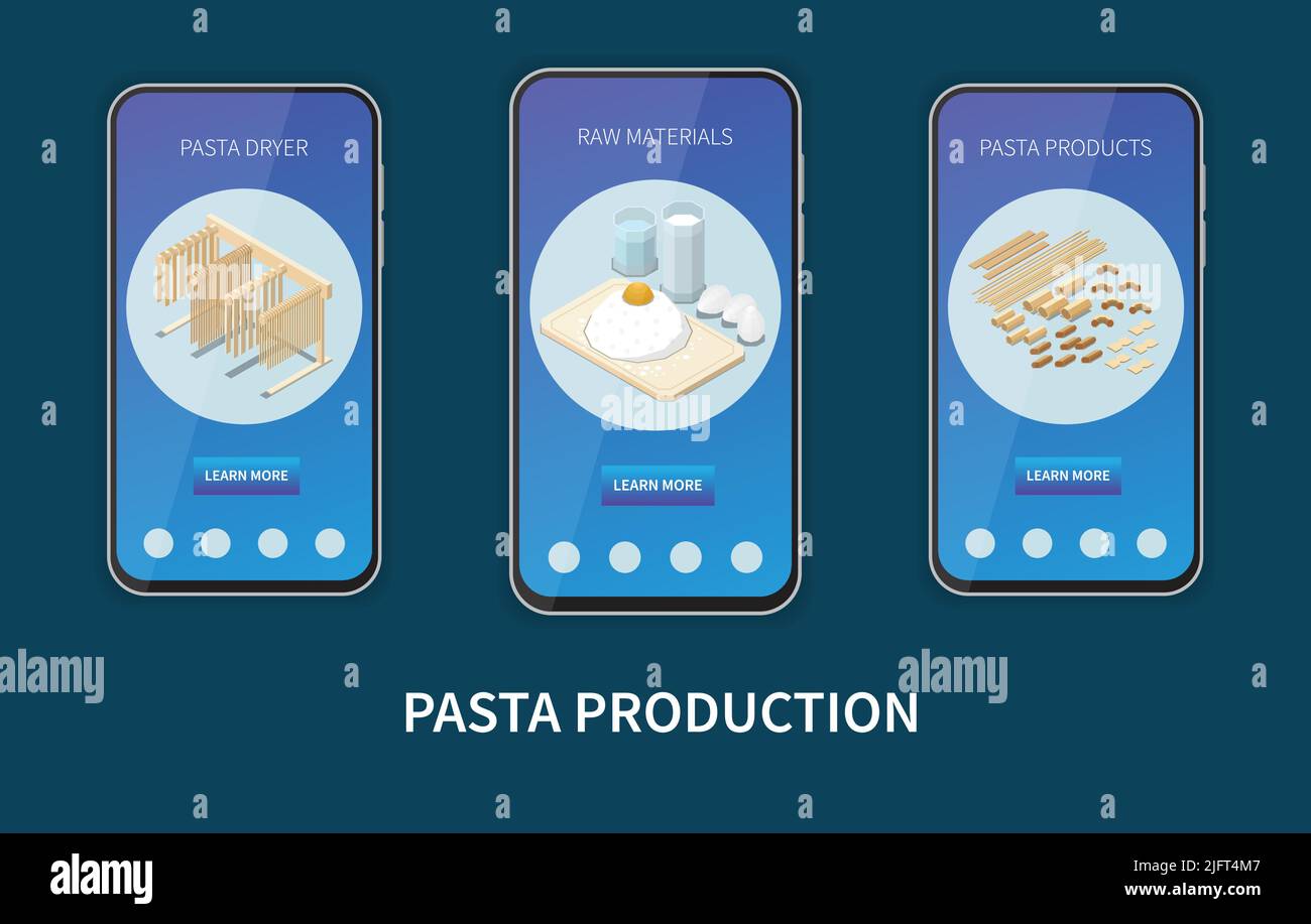 Three vertical macaroni pasta production isometric banner set with