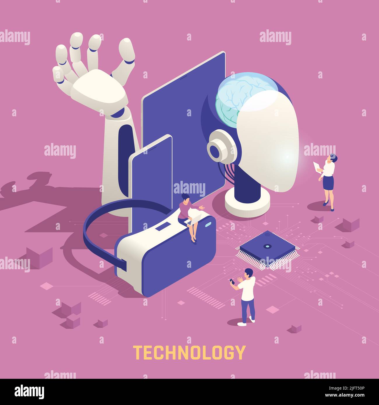 STEM education science technology object oriented programming principles isometric composition with students controlling robotic devices vector illust Stock Vector