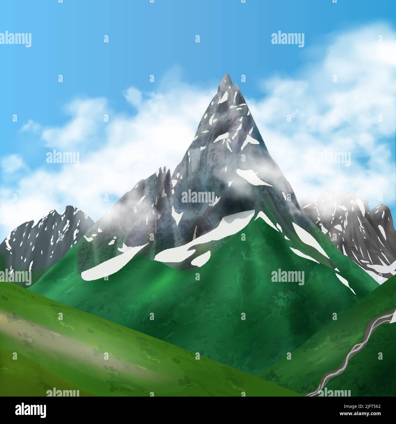 Realistic mountains landscape composition with sky background clouds and rock cliffs with snow spots and grass vector illustration Stock Vector