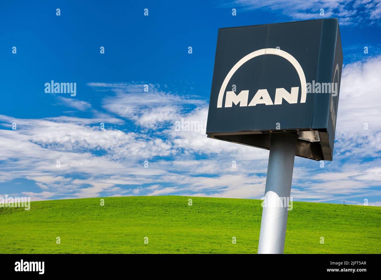 Werbeschild der Firma MAN auf ihrem Standort in Gersthofen bei Augsburg Stock Photo