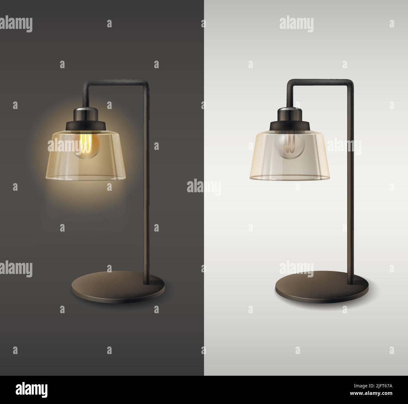 Modern metallic table lamp with transparent glass lampshade in on and ...