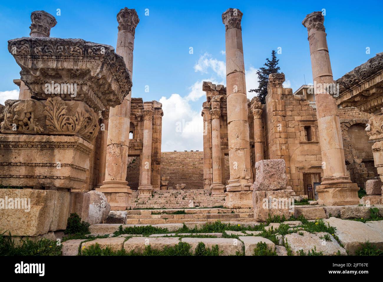 Columns with decorative ornaments in the ancient roman city ruins of Jerash, Gerasa Governorate, Jordan Stock Photo
