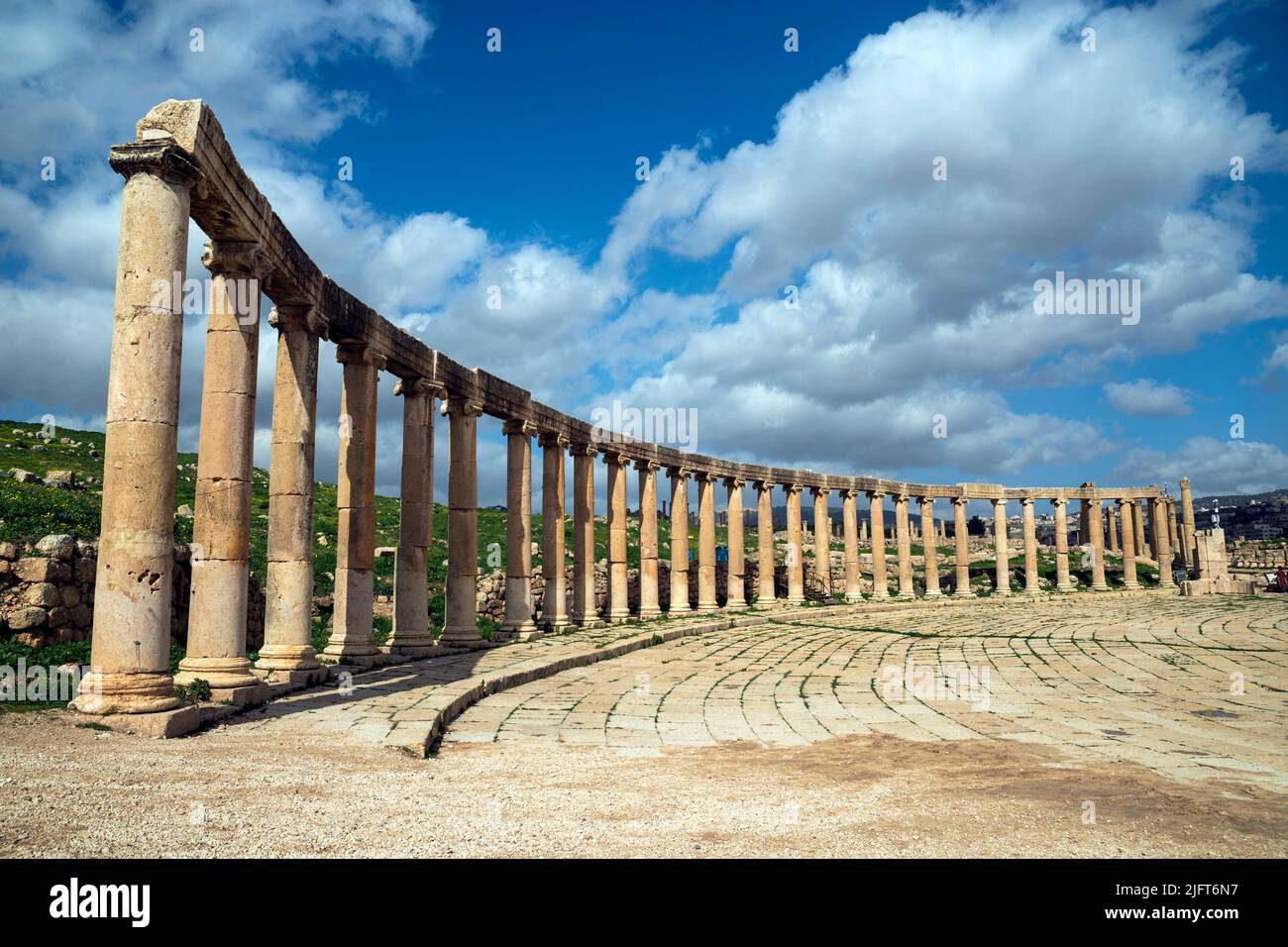 Oval forum ionic columns, Jerash, Gerasa Governorate, Jordan Stock Photo