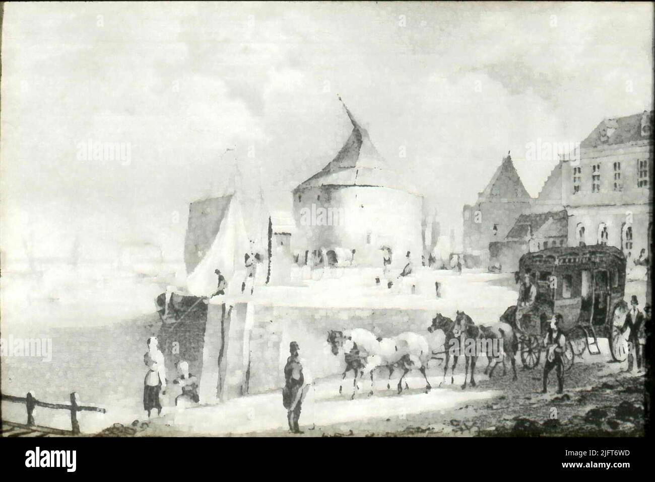 Print with Dutch-French caption of the crane and gallery and exit to the ferry. Stock Photo