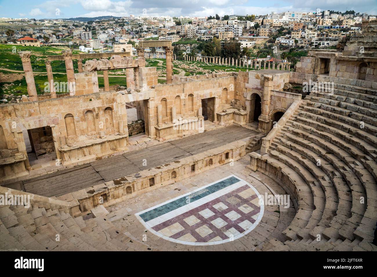 The roman theatre in the ancient city of Jerash, Gerasa Governorate, Jordan Stock Photo