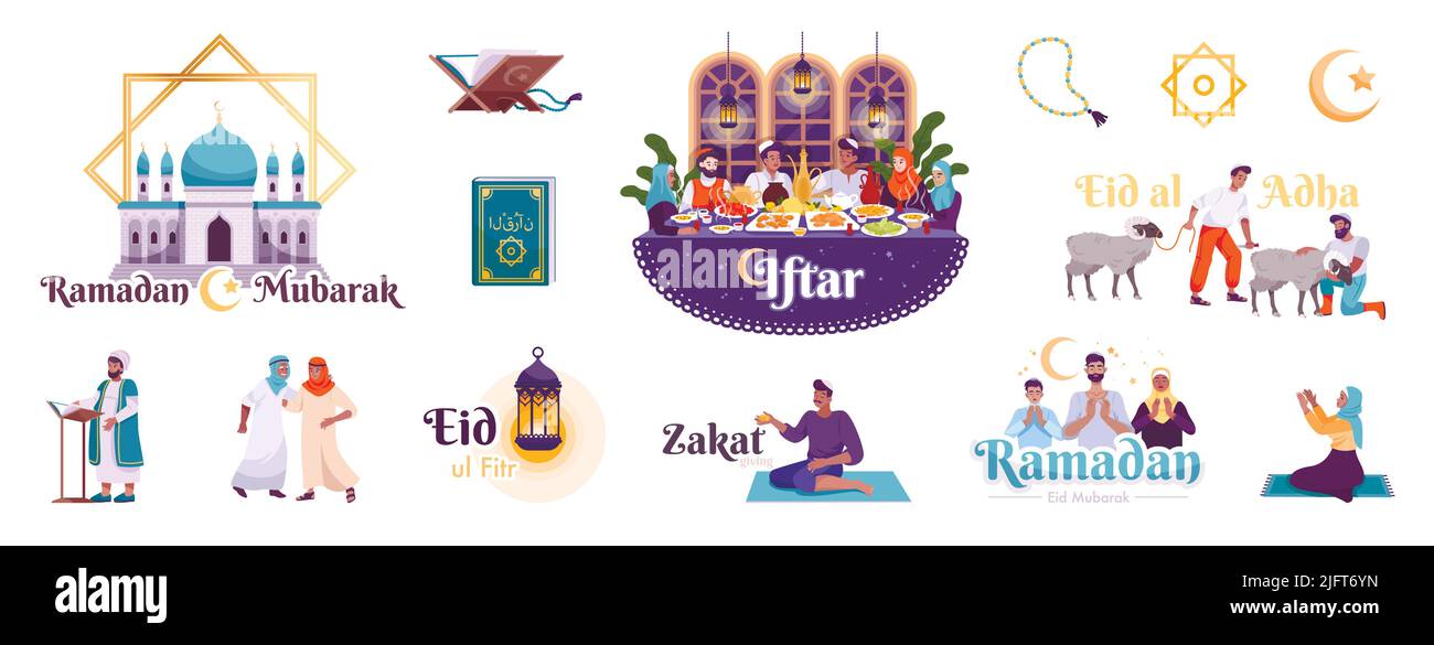 Islam holiday people set with flat human characters of prayers with ...