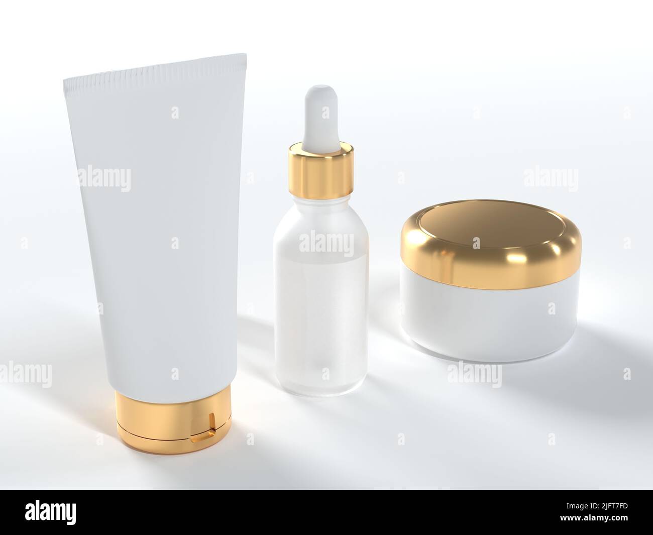 Cosmetic cream tube, jar with lid and serum bottle 3D render on white ...