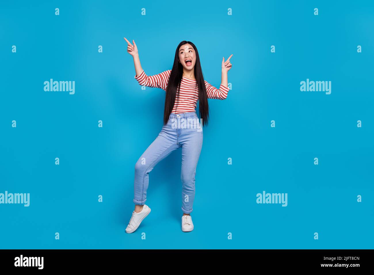 Full length photo of impressed funny lady dressed red shirt dancing